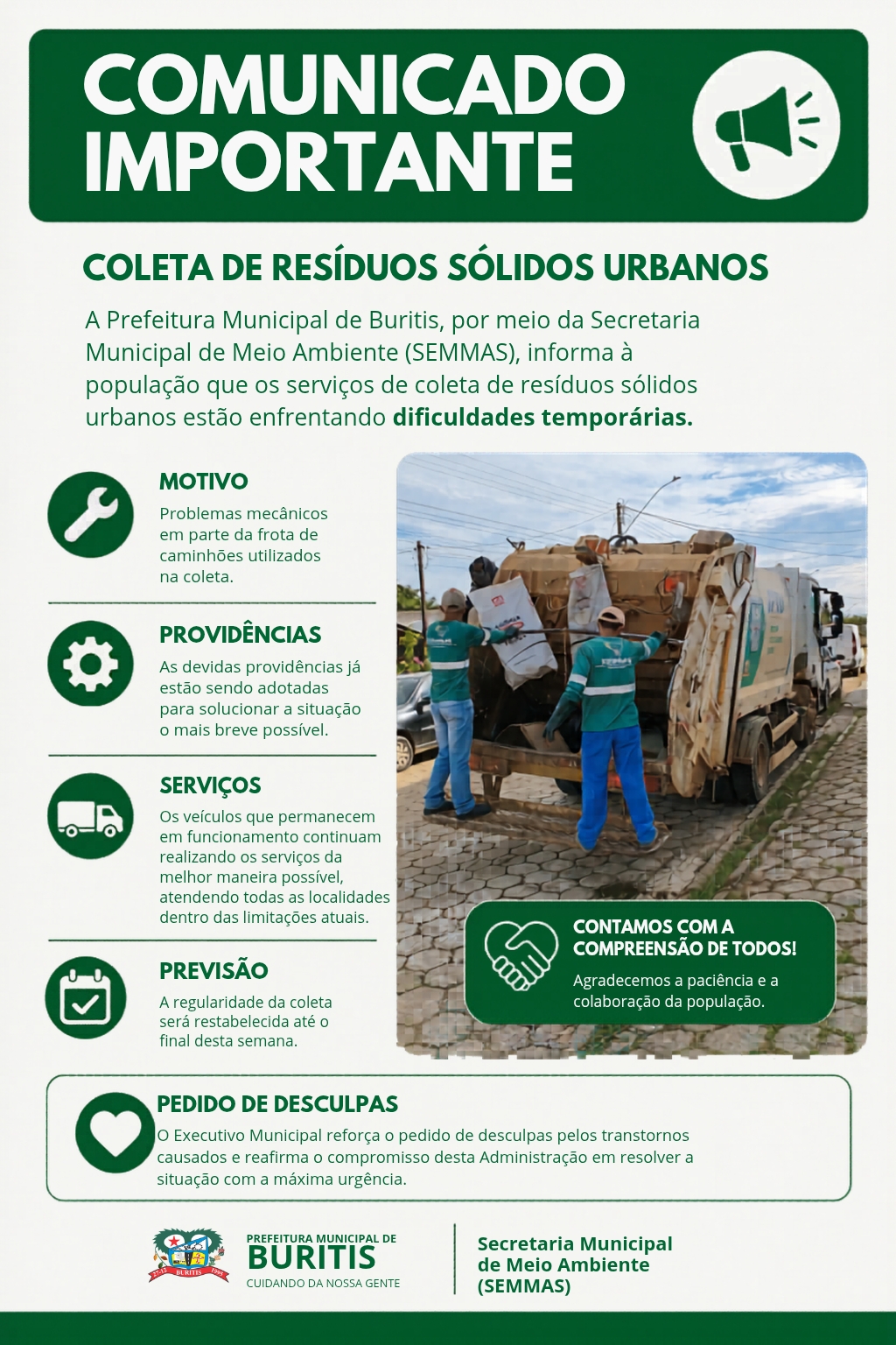 COMUNICADO SEMMAS - COLETA DE RESÍDUOS SÓLIDOS URBANOS